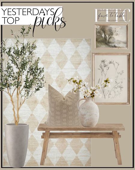 Yesterday’s Top Picks. Follow @farmtotablecreations on Instagram for more inspiration.

Realead Faux Olive Tree 7ft - Realistic Tall Silk Olive Trees. Kante 23.6" H Weathered Concrete Finish Concrete Tall Planters. My Texas House Bronwyn 5'3" X 7' Beige Geometric Area Rug. Milani Solid Wood Bench. Neutral Light Aesthetic SET of Two Art Prints | Wooded Lake Scenery Botanical Sketch. Artisan Handcrafted Terracotta Vase Large Jug. Hackner Home Creamy Indoor/Outdoor Pillow Cover.

#LTKsalealert #LTKfindsunder50 #LTKhome