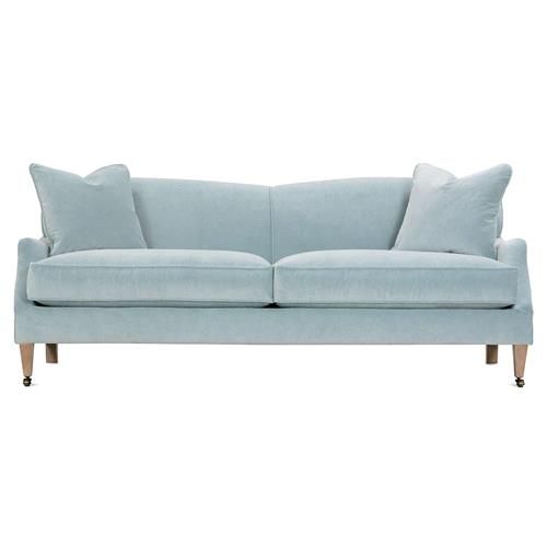 Hargrove French Country Blue Upholstered Tight Back Brown Wood Sofa - 85"W | Kathy Kuo Home