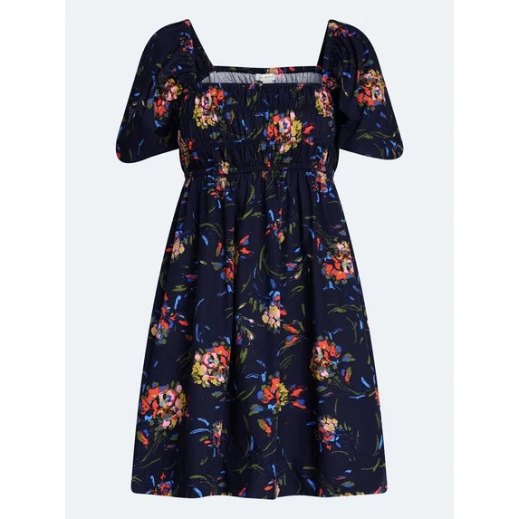 Free Assembly Women's and Women's Plus Smocked Cotton Peasant Mini Dress with Puff Sleeves, Sizes... | Walmart (US)