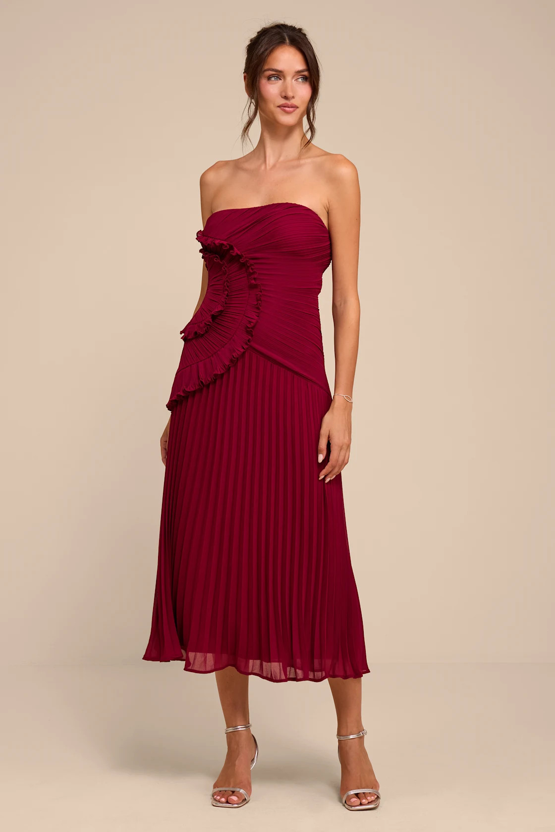 Talicia Burgundy Pleated Ruffled Midi Dress | Lulus