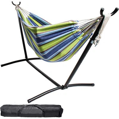Double Camping Hammock with Heavy Duty Steel Stand, 550 LBS Capacity Adjustable Hammock Set with Carry Bag for Outdoor Patio Backyard Indoor | Wayfair North America