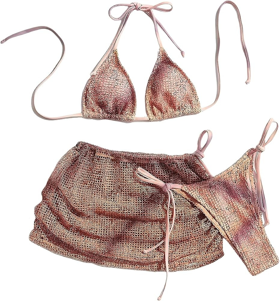 MakeMeChic Trajes de ba\u00f1o de 3 piezas para mujer, con tri\u00e1ngulo, bikini de ganchillo co... | Amazon (US)