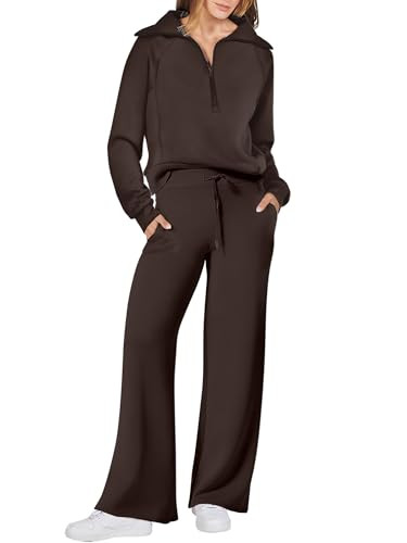ANRABESS Women 2 Piece Outfits 2025 Fall Fashion Airport Wide Leg Pants Lounge Set Leisure Travel Vacation Clothes Sweatsuits Coffee Medium | Amazon (US)