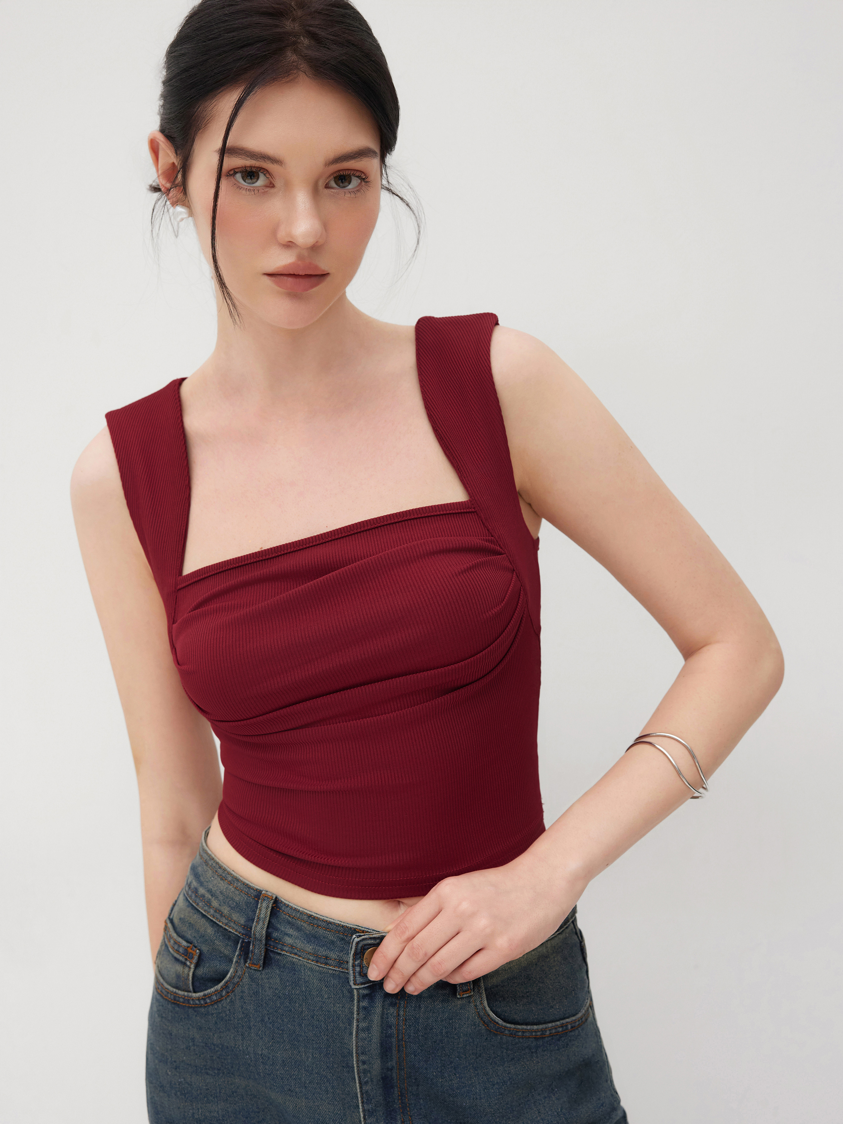 Sleeveless Tops Summer Tops Cute Tops Knit Fabric 2 Pack Solid Ruched Square Neck Crop Top For Sc... | Cider