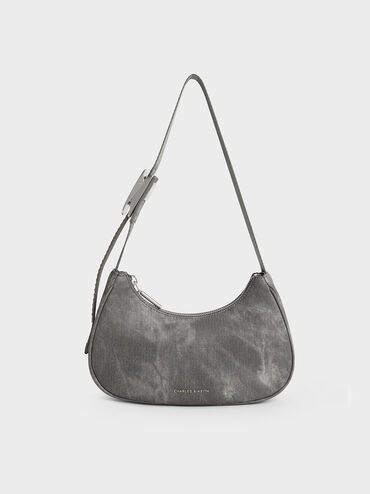Denim Curved Metallic-Accent Shoulder Bag
 - Dark Grey | Charles & Keith US