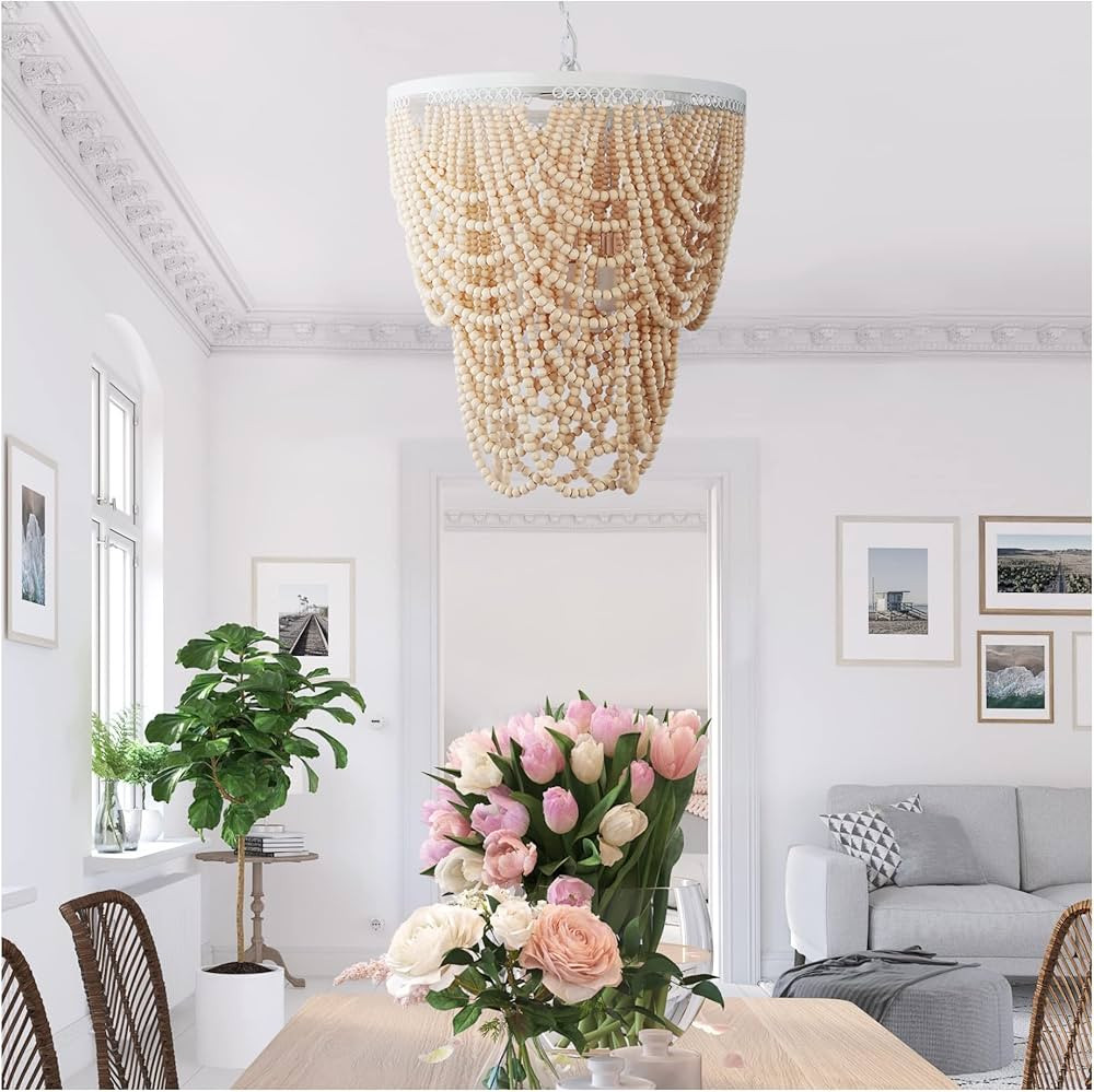 Arielle Beaded Chandelier Light Fixture: Boho, Wood Beaded, Coastal Chandelier | Amazon (US)