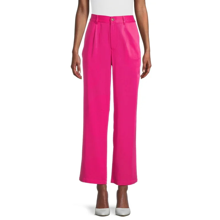 Time and Tru Women's Pleated Wide Leg Pants with Side Slant Pockets, 30" Inseam, Sizes S-3XL | Walmart (US)