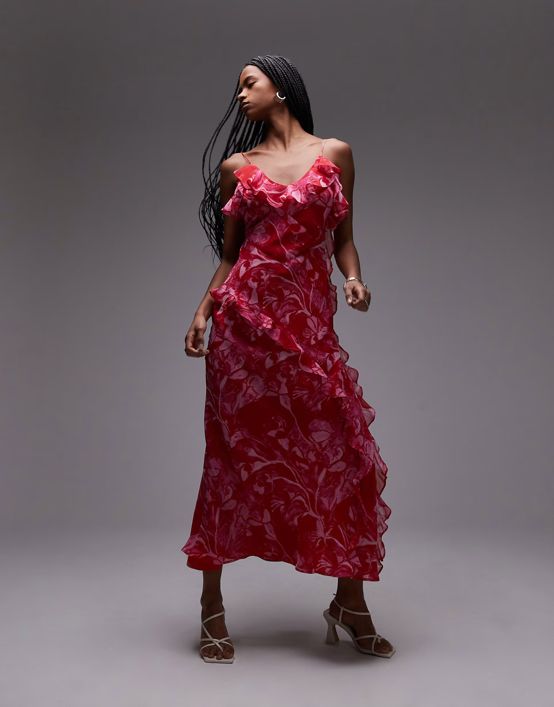 Topshop ruffle midi slip dress in pink abstract floral | ASOS (Global)