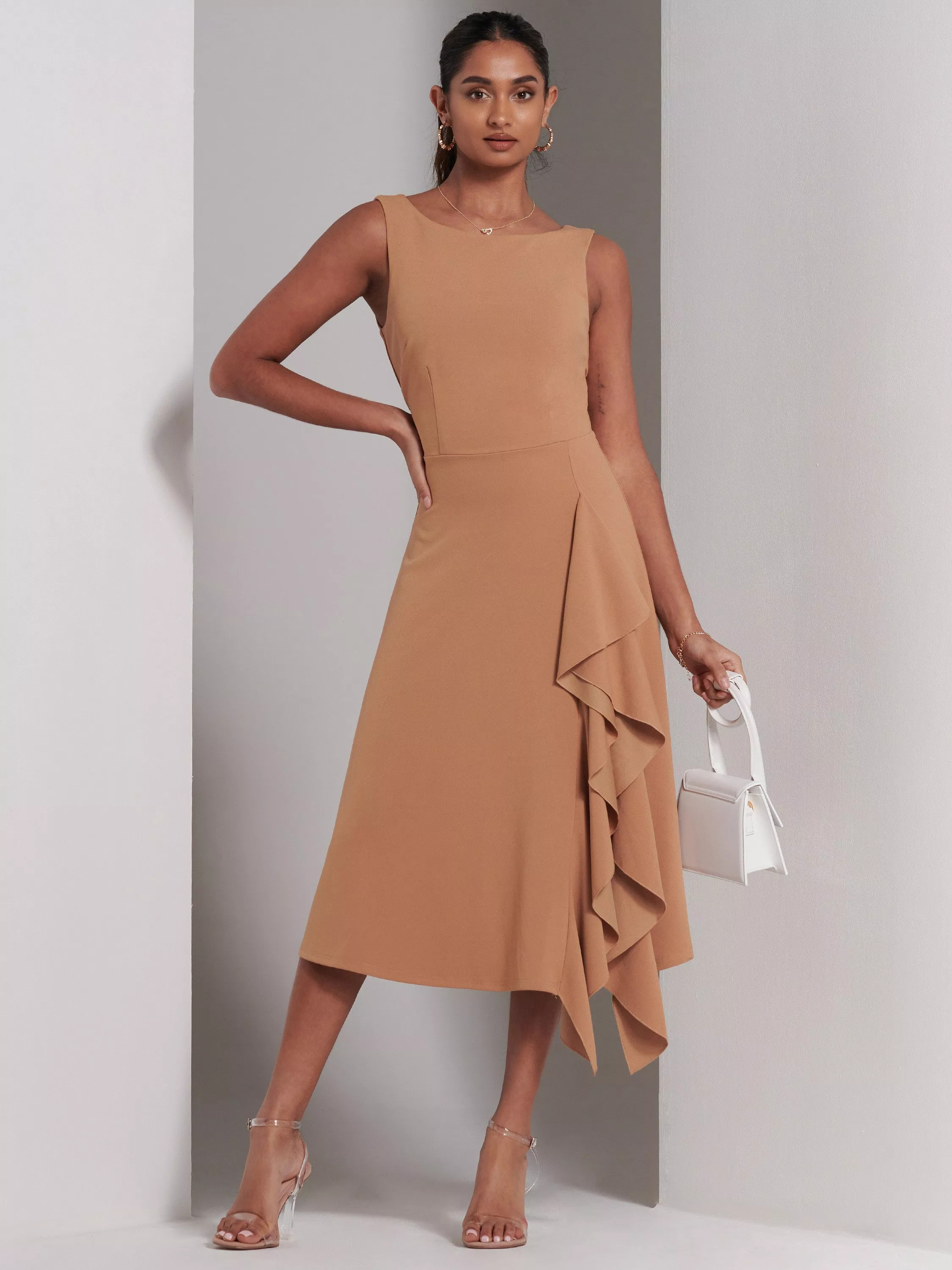 Jolie MoiHaylen Frill Detail Midi Dress, Tan | John Lewis (UK)