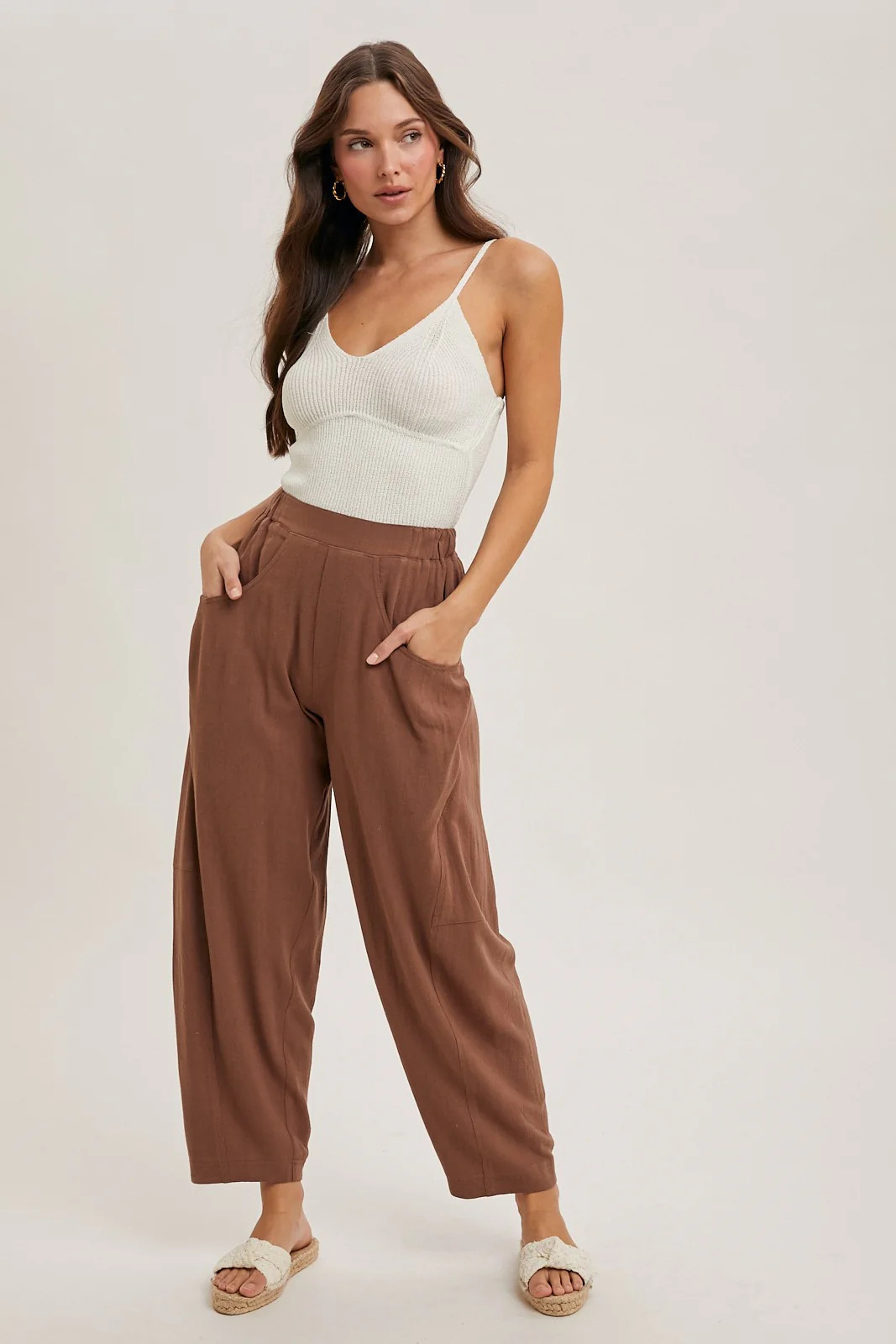 Cocoa Linen Blend Barrel Leg Pants | PinkBlush Maternity