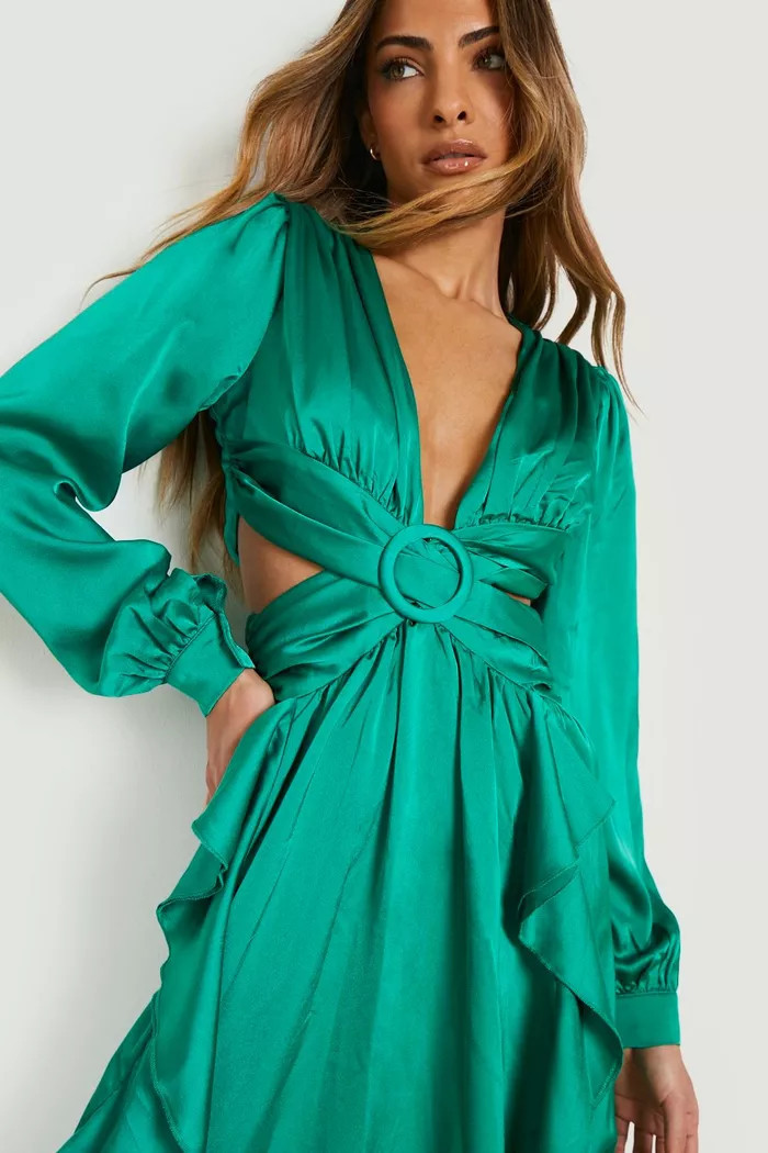 Satin Ruffle Plunge Maxi Dress | boohoo (US & Canada)