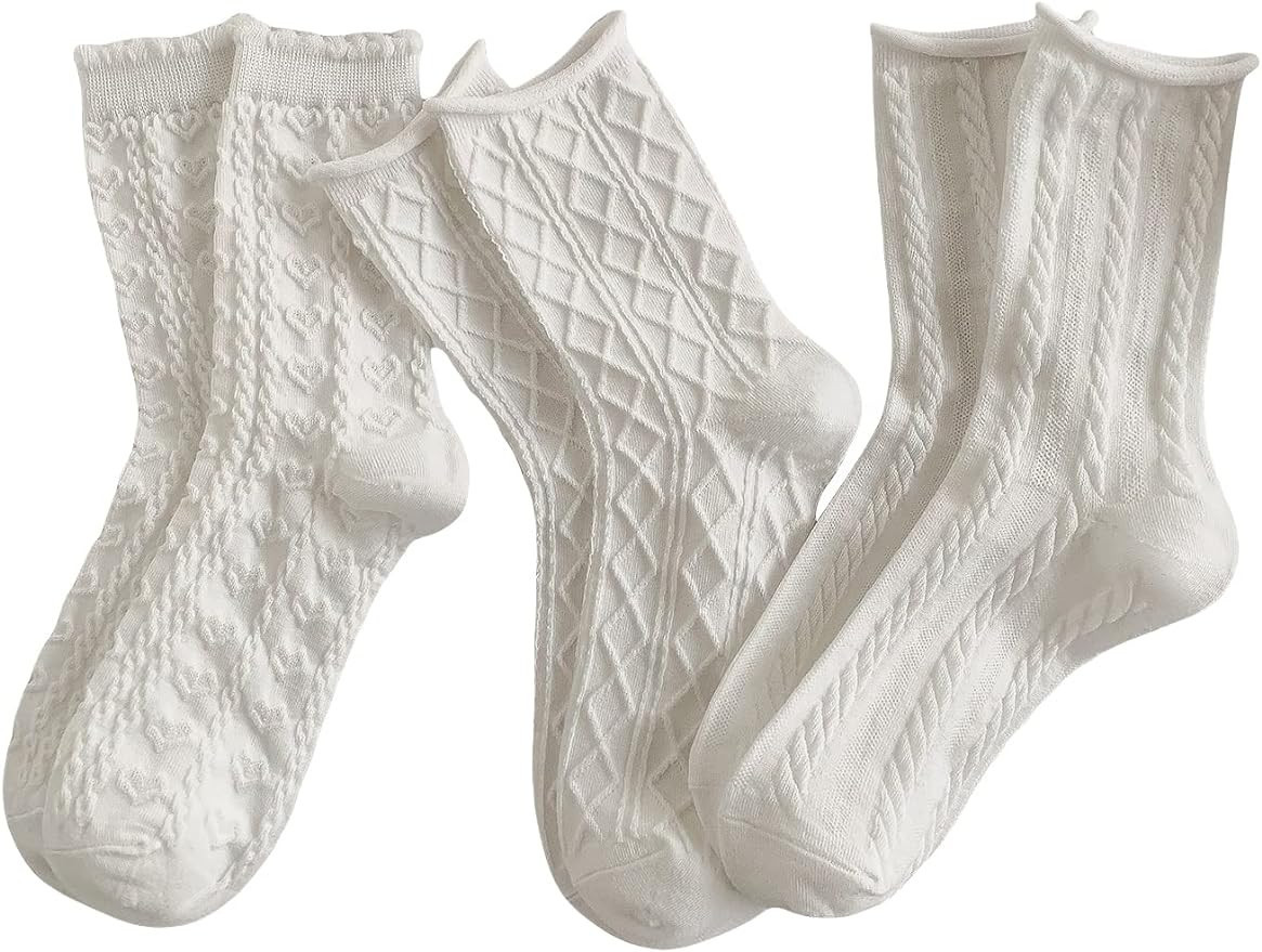 OYOANGLE Women's 3 Pairs Cable Knit Casual Crew Socks Stretchy Solid Simple Socks | Amazon (US)