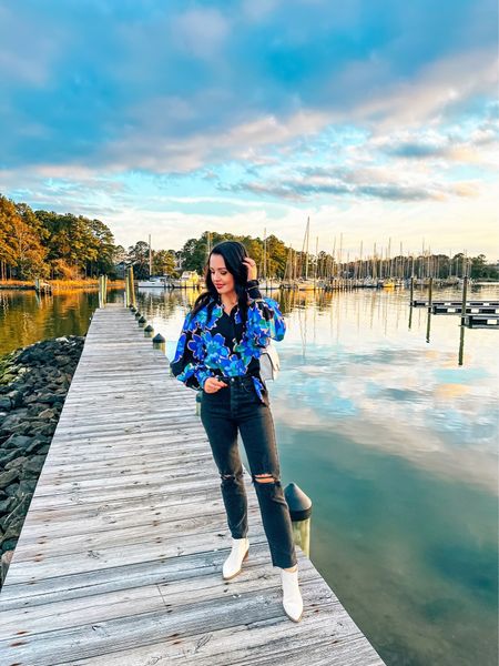 Under $30 amazon blue floral button front shirt (small, multiple prints), $25 target distressed black jeans (2, tts), amazon white pointed toe booties— the perfect look for transitioning to spring! #founditonamazon 

#LTKunder50 #LTKshoecrush #LTKSeasonal