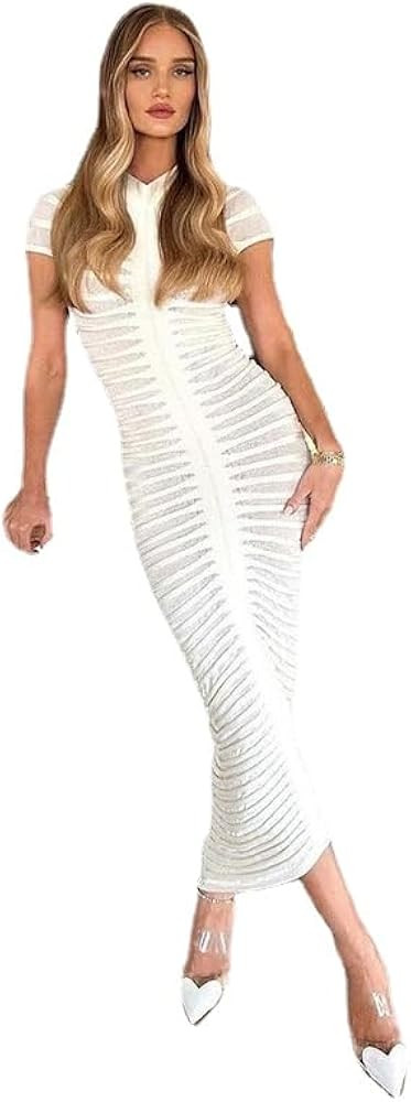 Womens Sexy Dress Maxi Mesh Dress Short Sleeve Bodycon Ruched Knit Mock Neck Sexy Club Party Long... | Amazon (US)