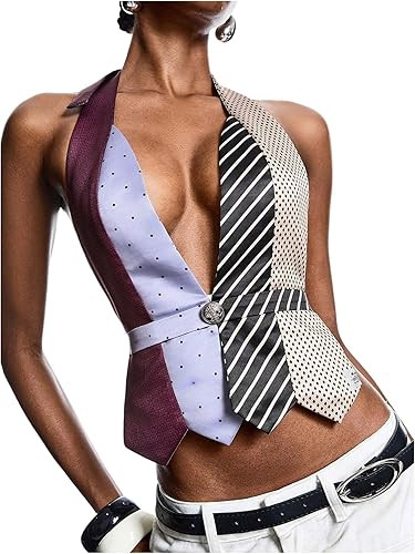 SOLY HUX Women's Bow Tie Backless Halter Top Y2k Vintage Striped Deep V Neck Crop Tank Tops | Amazon (US)