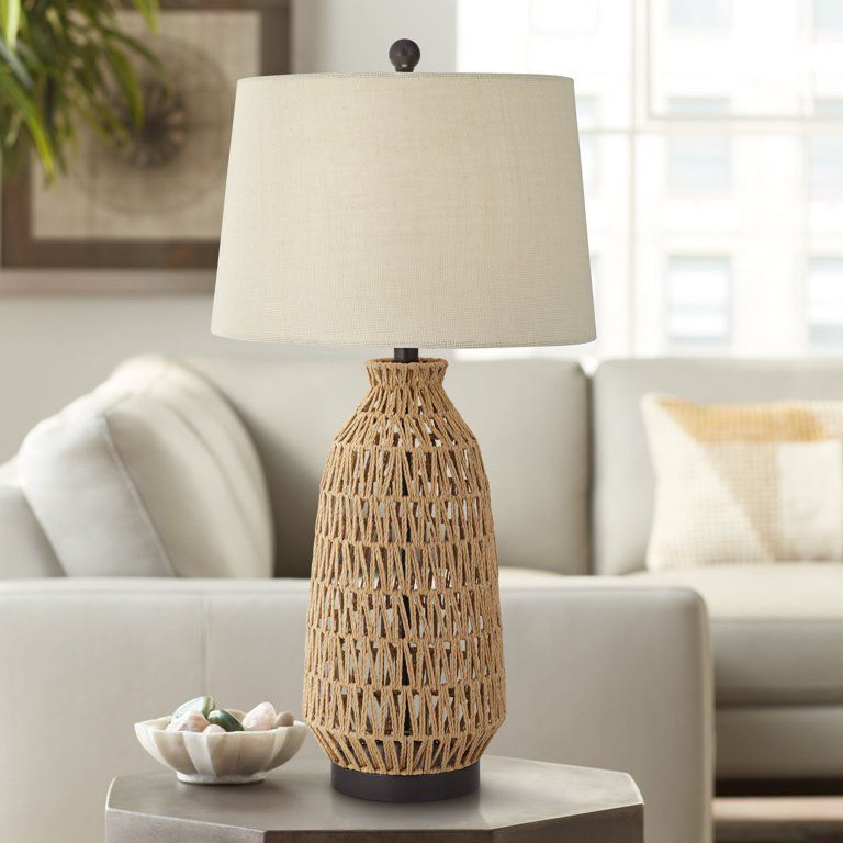 360 Lighting Coastal Contemporary Table Lamp 29" Tall Natural Rattan Wicker Bronze Oatmeal Fabric... | Walmart (US)