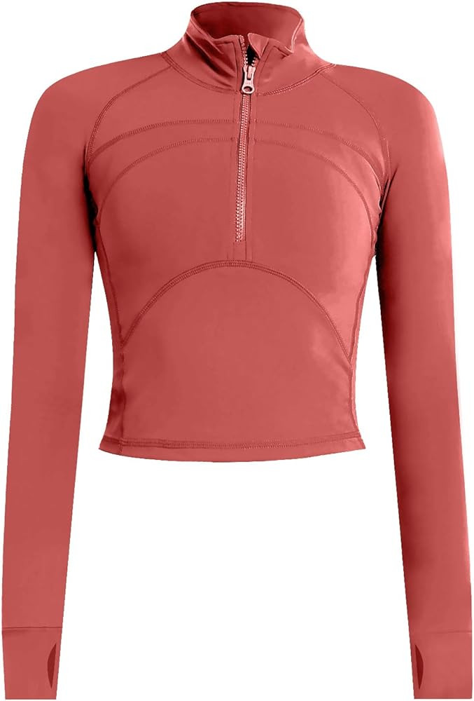 Women's Cropped Workout Jacket 1/2 Zip Pullover Running Athletic Outwear Slim Fit Long Sleeve Yog... | Amazon (US)