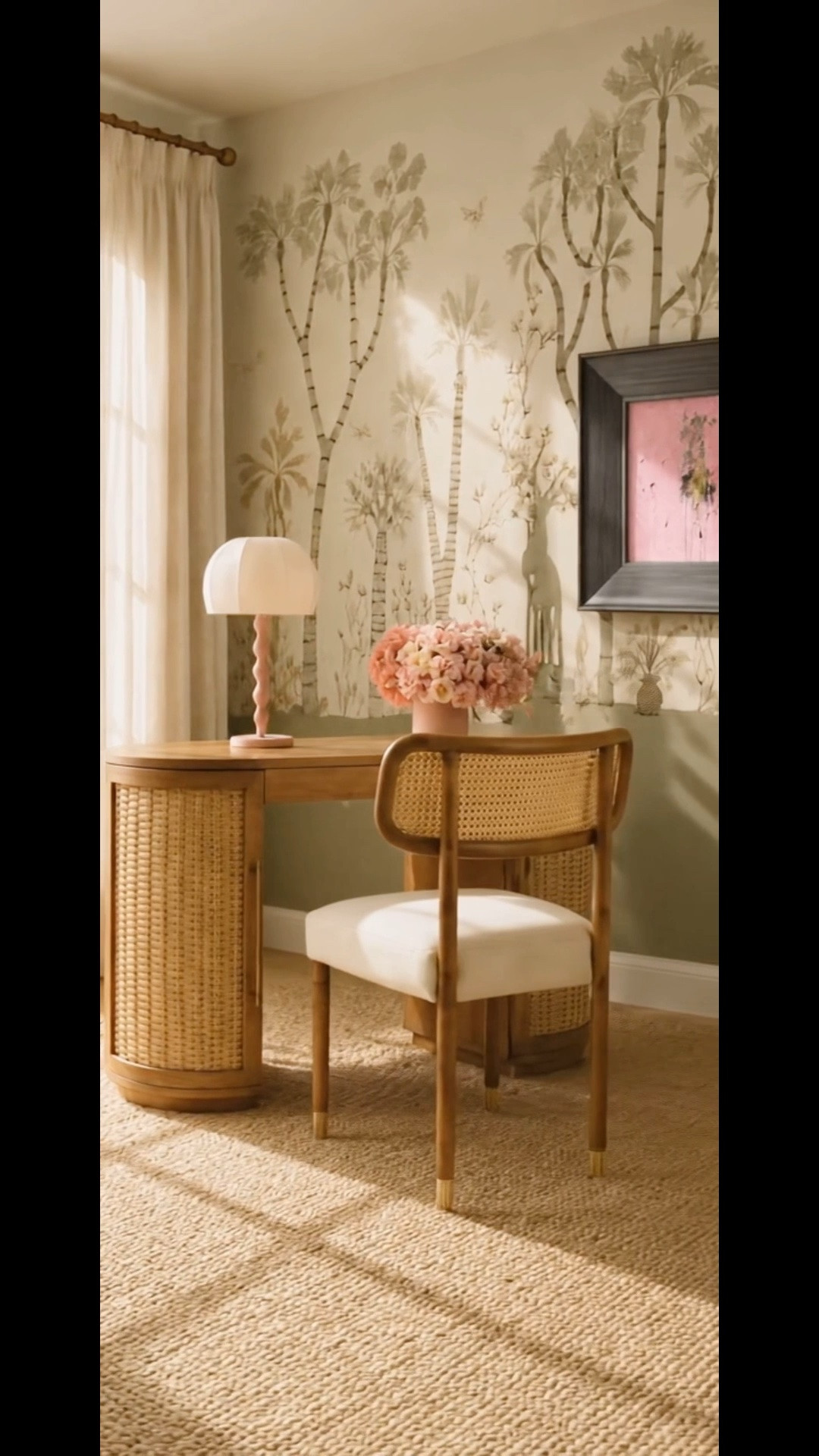 Imagine starting your Monday here: sunlight filtering through sheer drapes, a view of the trees, and a workspace that feels calm before the day begins. ✨ The landscape mural extends that connection to nature, giving this home office a serene backdrop for a focused week.

I love the warmth of the rattan executive writing desk and coordinating chair. Their woven texture feels relaxed yet polished, while the natural jute rug grounds the space. The floral ottoman adds a playful pattern; artwork, a sculptural table lamp, and fresh flowers bring in color and personality. Together, these details make the office feel like a place you’d look forward to working in.

#MondayMorning #HomeOffice #WritingDesk #ExecutiveDesk #RattanDesk #RattanChair #JuteRug #SheerDrapes #Mural #Wallpaper #Ottoman #WallArt #Artwork #TableLamp #FlowerArrangement #AnthropologieHome #NaturalTextures #InteriorDesign #WorkFromHome #BackToSchool #LTKHome #LTKdayinmylife #LTKSaleAlert

#LTKdayinmylife #LTKHome #LTKSaleAlert