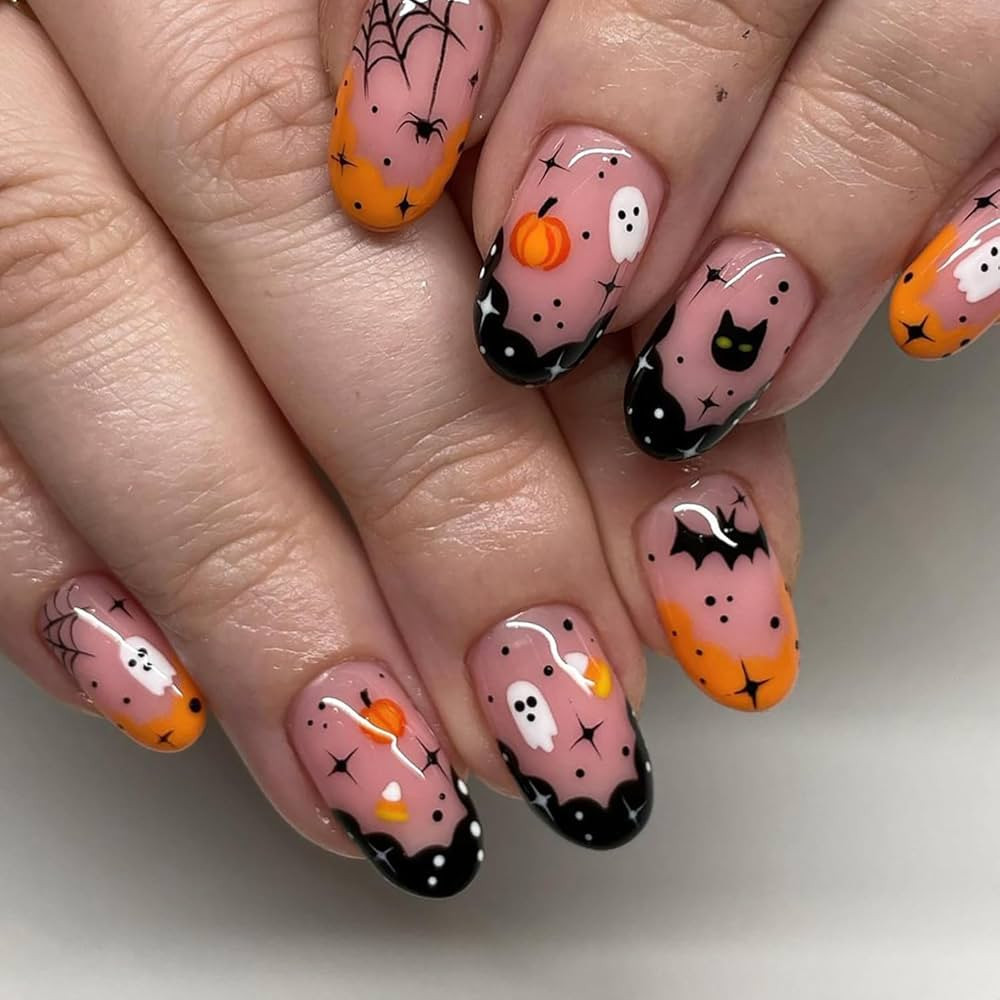 Halloween Press on Nails French Tip Fake Nails with Cute Ghost & Pumpkin Pattern Designs Yellow a... | Amazon (US)