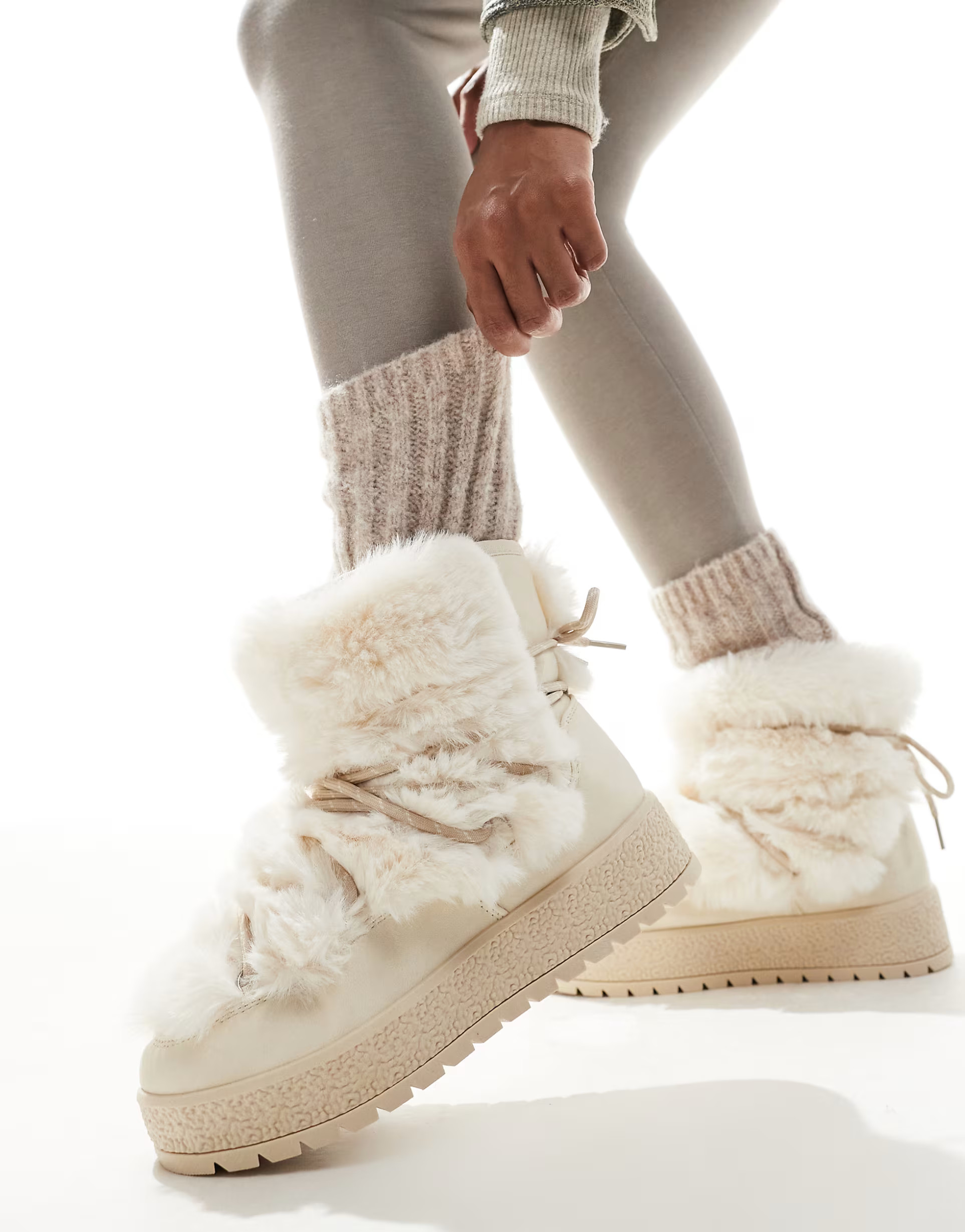 South Beach Faux Fur Lace Up Snow Boots in Cream | ASOS (Global)