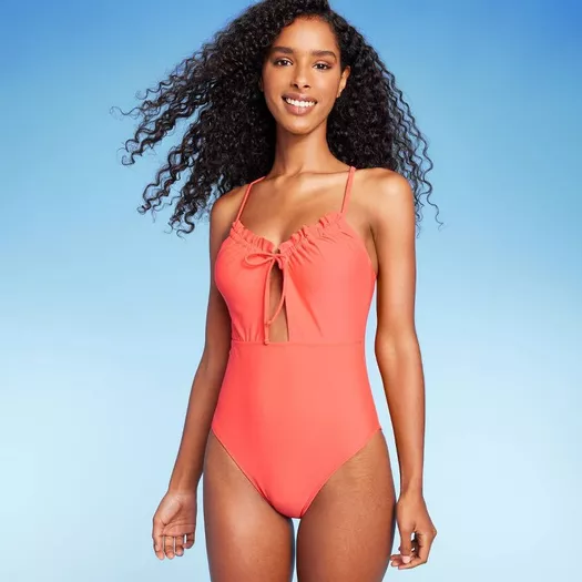 Off-The-Shoulder Lace-Up Back Ruffle One-Piece Swimsuit Hot Coral