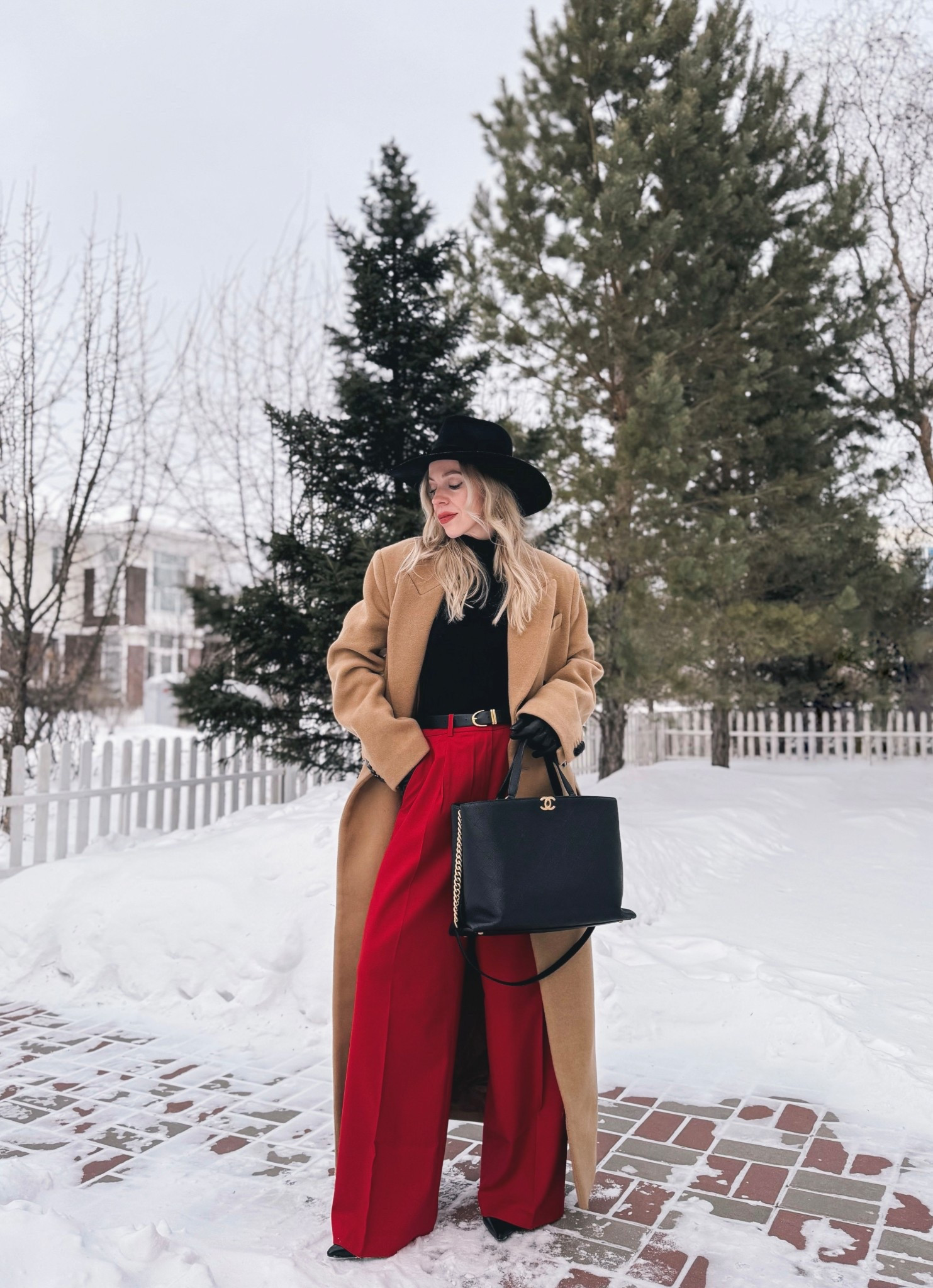 Camel coat, red wide leg trousers, black red and camel winter outfit, black wool hat, winter workwear 

#LTKWorkwear #LTKOver40 #LTKFindsUnder100