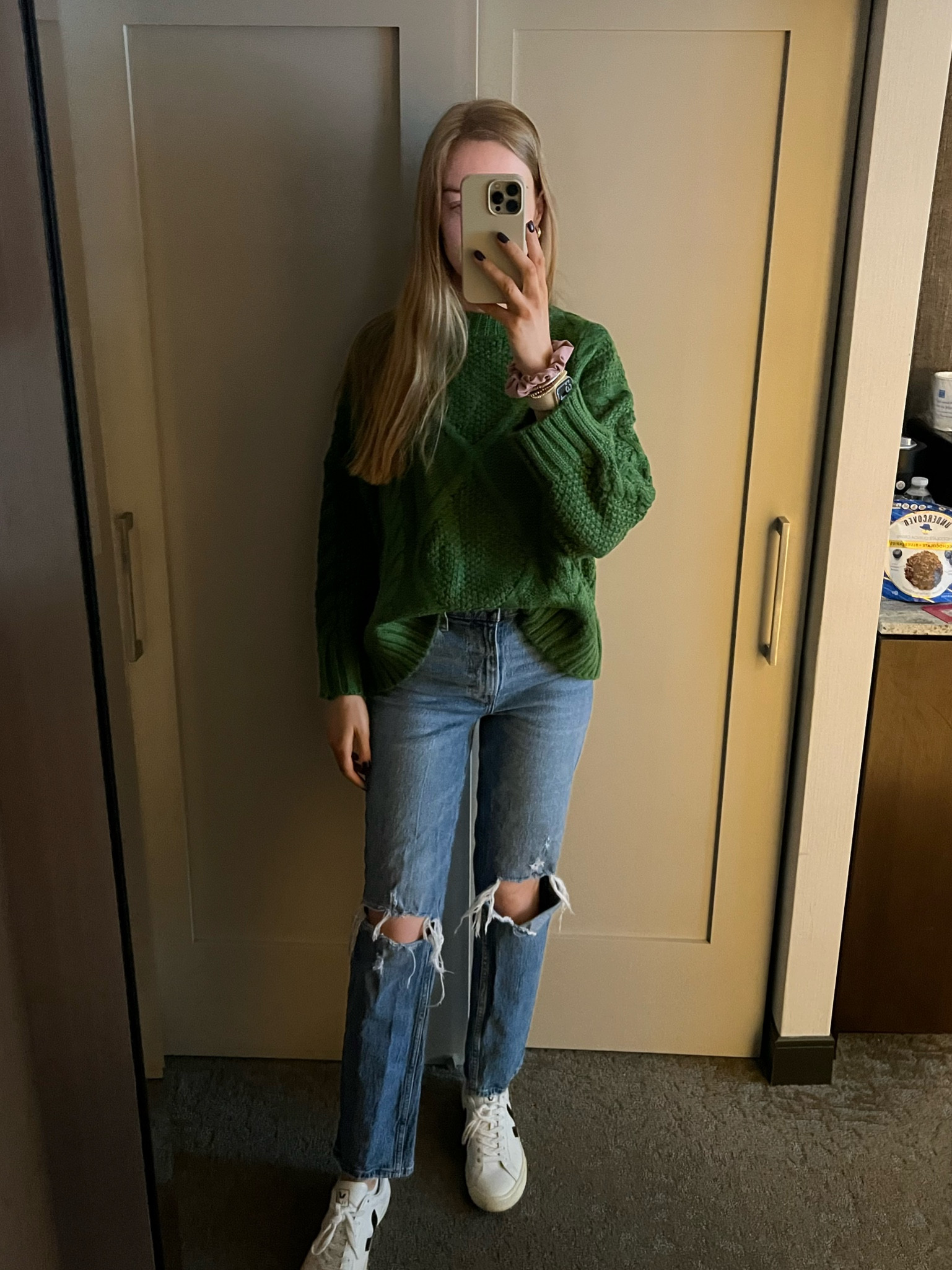 sweater and jeans, perfect for transitional weather 
