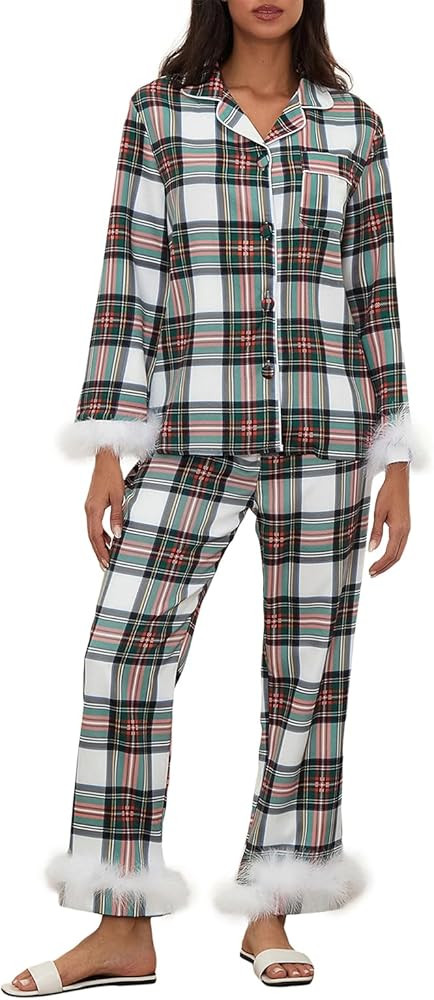 IMISSILLEB Womens Satin Silk Christmas Pajamas with Feathers Striped/Plaid/Santa Claus Print Butt... | Amazon (US)