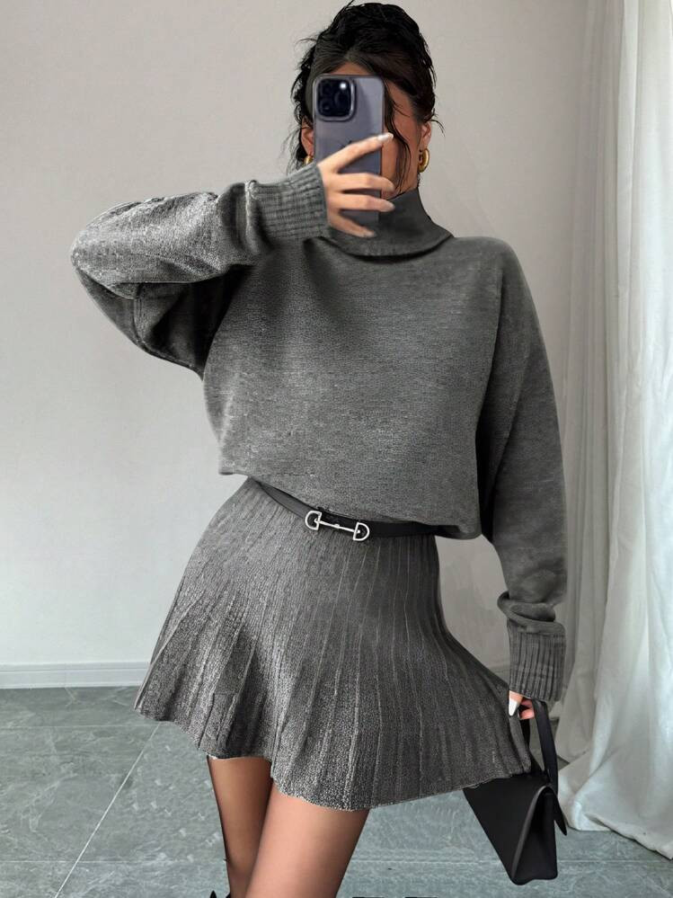 Rafferiza 2pcs/Set Solid Color Loose Pleated Skirt And Turtleneck Sweater Suit Fall Winter Cloth For Women | SHEIN