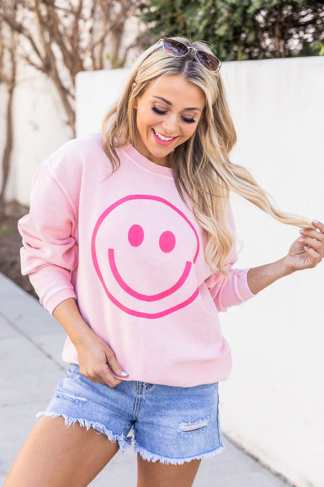 Smiley Face Pink Corded Graphic Sweatshirt | Pink Lily