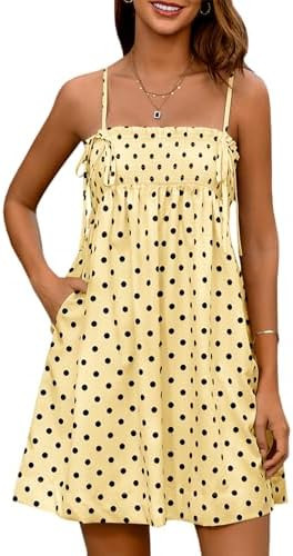 Yousify Women's Spaghetti Strap Babydoll Mini Dress Summer Casual Ruffled Smocked Polka Dot Short... | Amazon (US)