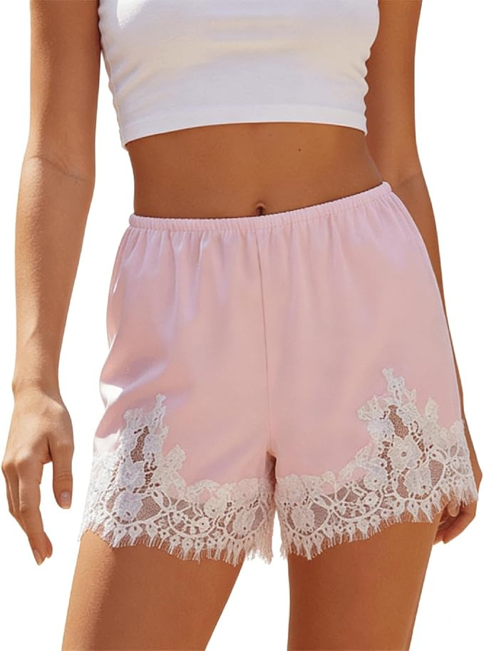 Women's Satin Shorts Lace Trim Silky Mini Shorts Y2k Loose Fit Pajama Bottom for Street Sleep Wea... | Amazon (US)