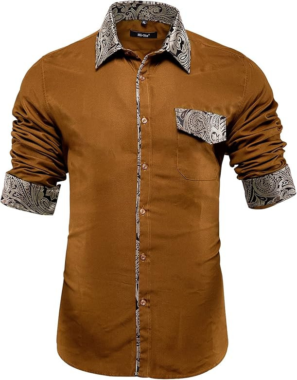 Hi-Tie Men's Dress Shirt Long Sleeve Paisley Shirt Woven Silk Regular Fit Btton Down Shirts Prom ... | Amazon (US)