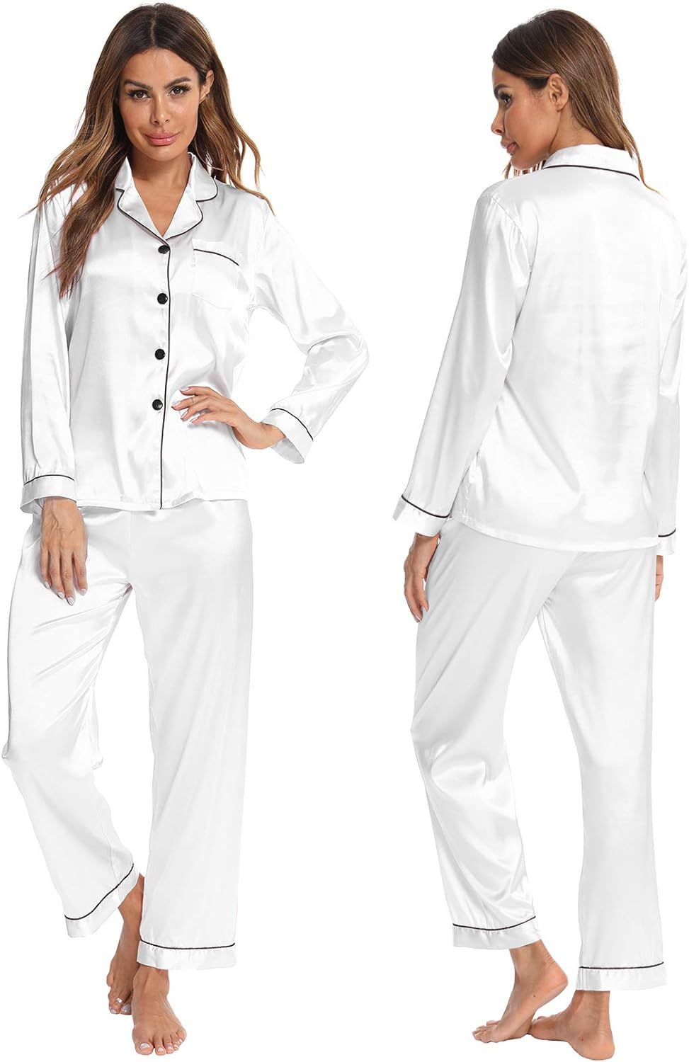 SWOMOG Womens Silk Satin Pajamas Long Sleeve Loungewear Two-piece Sleepwear Button-Down Pj Set | Amazon (US)