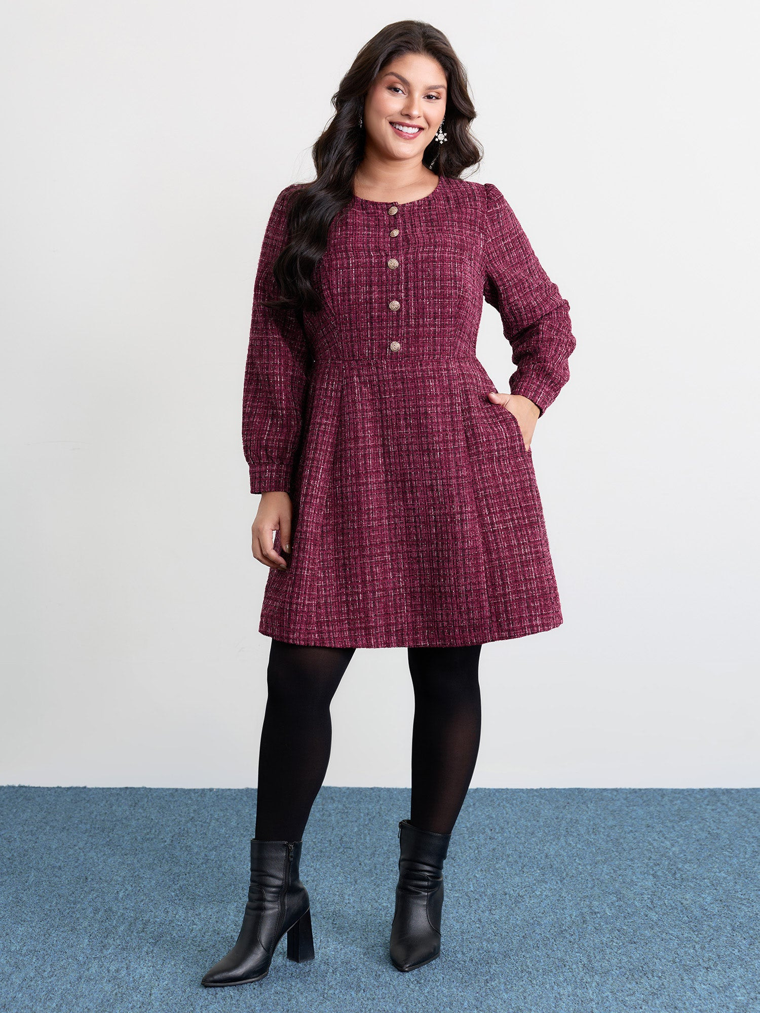 Tweed Metal Button Stretchy Waist Knee Dress | Bloomchic