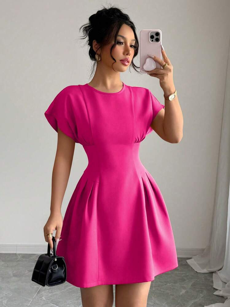 Selianne Women Solid Color Crew Neck Elegant Summer Short Sleeve Mini Dress | SHEIN