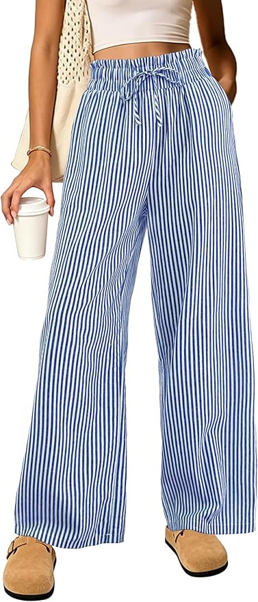 Cotton Gingham Striped Pants Women High Waisted Ruffle Wide Leg Lounge Pajama Trousers with Pocke... | Amazon (US)