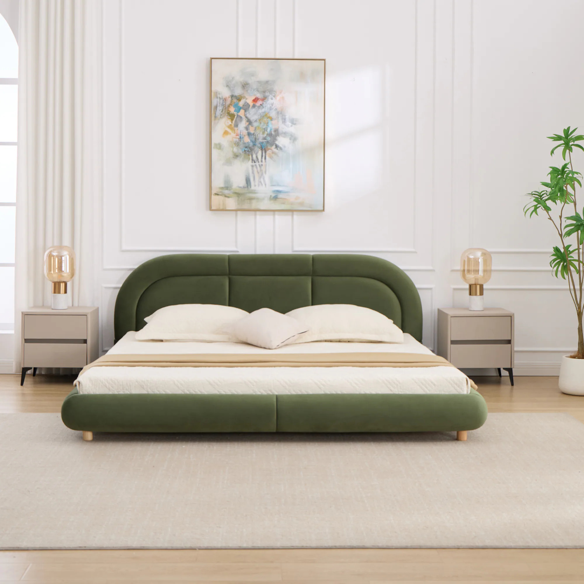 GDFStudio Modern King Size Low Profile Platform Bed with Curved Velvet Green Headboard and Sturdy Metal Frame one_size | 380777 | Lowe's