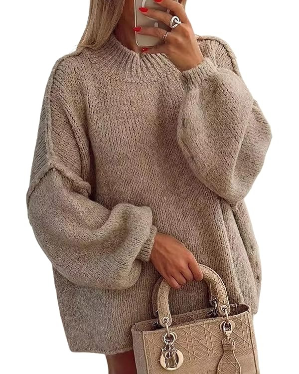 Women’s Oversized Fall Sweater 2025, Chunky Knit Crewneck Long Sleeve Fuzzy Pullover Tops | Amazon (US)