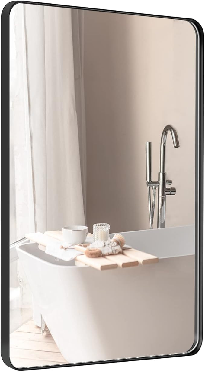 Black Bathroom Mirror for Wall, 22" x 30" Black Metal Framed Rounded Rectangle Mirror, Matte Blac... | Amazon (US)