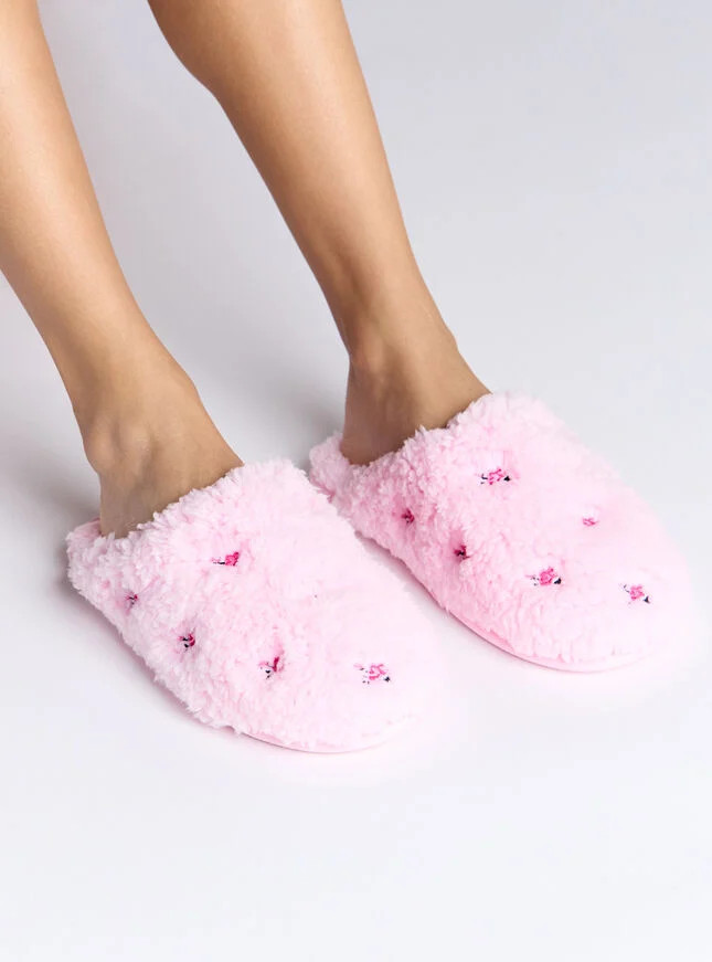 Teddy fleece floral embroidered mule slippers | Boux Avenue (UK)