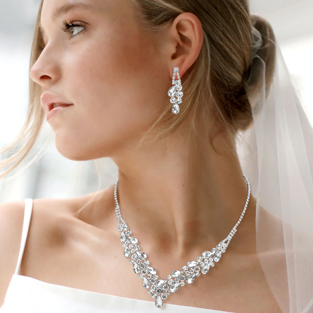 Teardrop Stone Cluster Embellished V Shaped Rhinestone Paved Necklace - Clear, Silver | Shop Simon