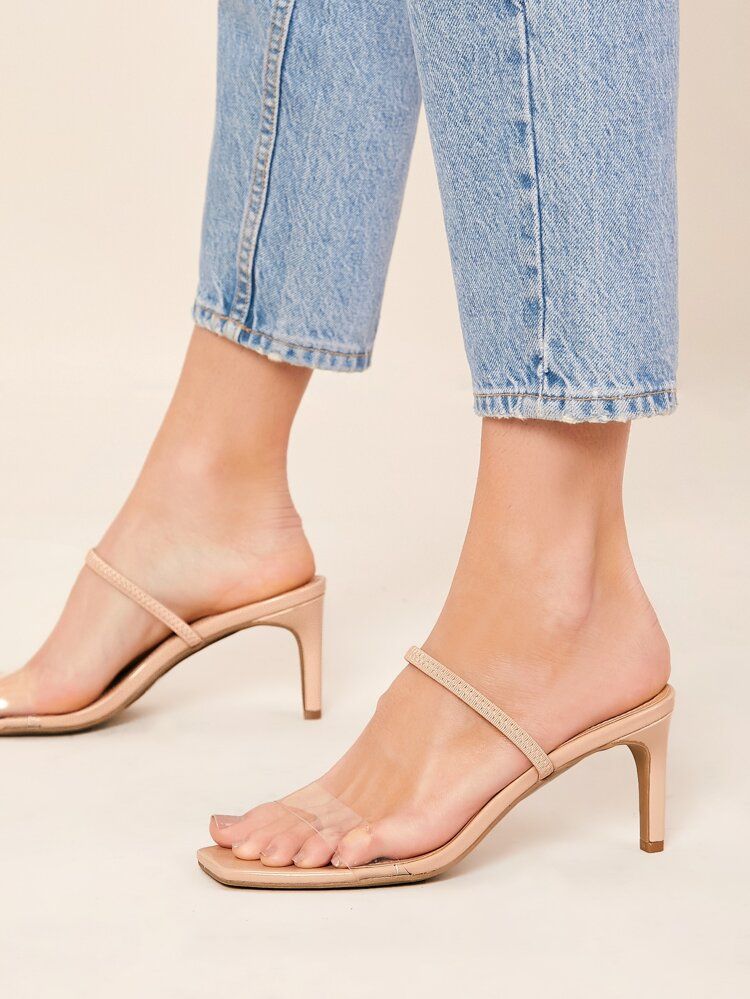 Double Strap PVC Detail Kitten Heel Sandals | SHEIN
