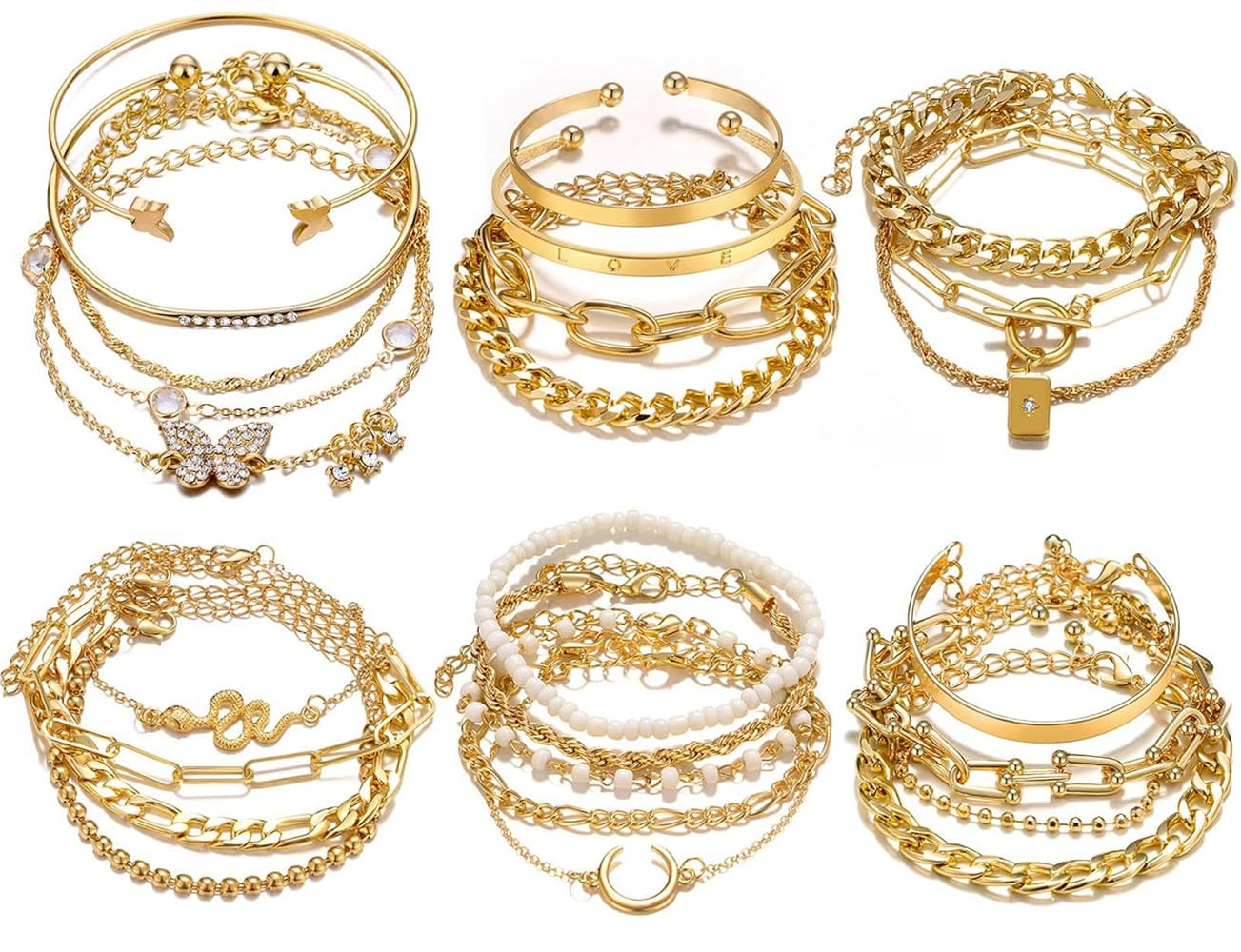 17IF 24-25 Pcs (6 Pack) 14K Gold Ankle Bracelets Set for Women Boho Stackable Bangles Cuff Charm ... | Amazon (US)