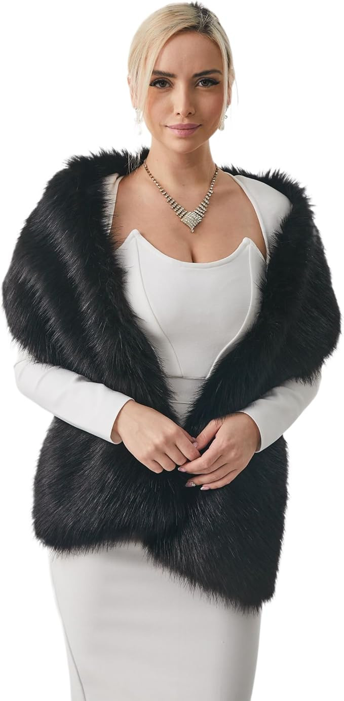 DJBM Women's Faux Fur Shawl Wraps Cloak Coat Sweater Cape for Evening Party | Amazon (US)