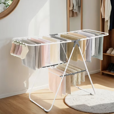 Free-Standing Metal Clothes Drying Rack with Sock Clips Foldable Laundry Drying Rack Space-Saving Design Clothes Dryer White and Gray | Target