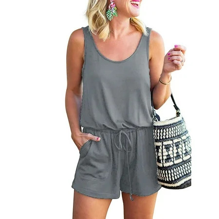 Grianlook Womens Summer Short Romper Loose Casual Tank Jumpsuit Solid Color Sleeveless Overall Short | Walmart (US)