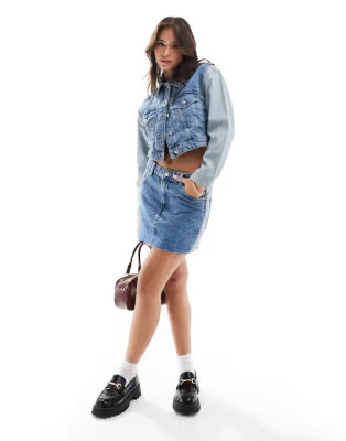 Mango mixed denim jacket and mini skirt set in blue | ASOS (Global)