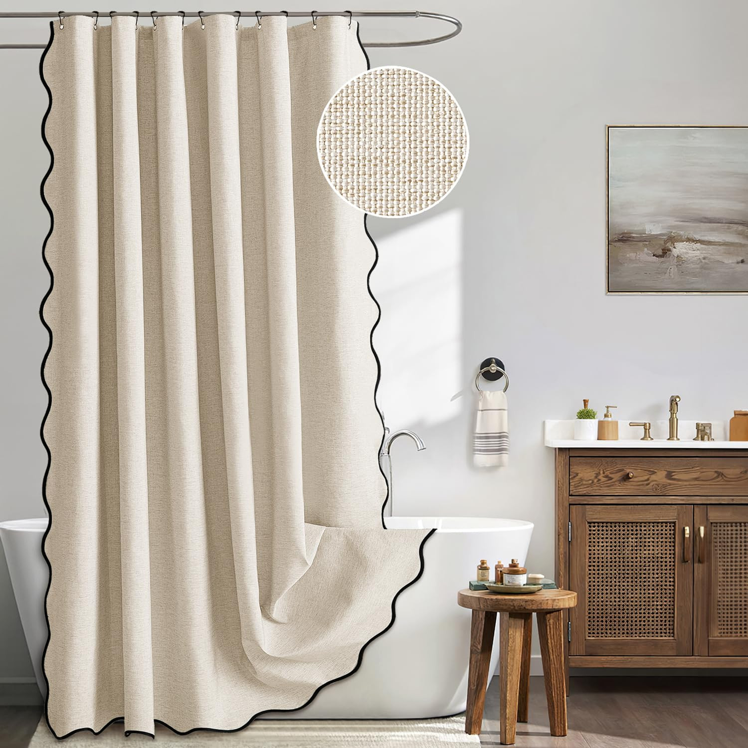 MIULEE Beige Scalloped Shower Curtain Linen Textured with 12 Metal Hooks Cute Heavy Duty Washable... | Amazon (US)