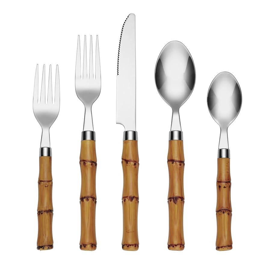 Cambridge Silverware Set For 4, Bamboo Handle 20-Piece Flatware Set, Tropical, 18/0 Stainless Ste... | Amazon (US)